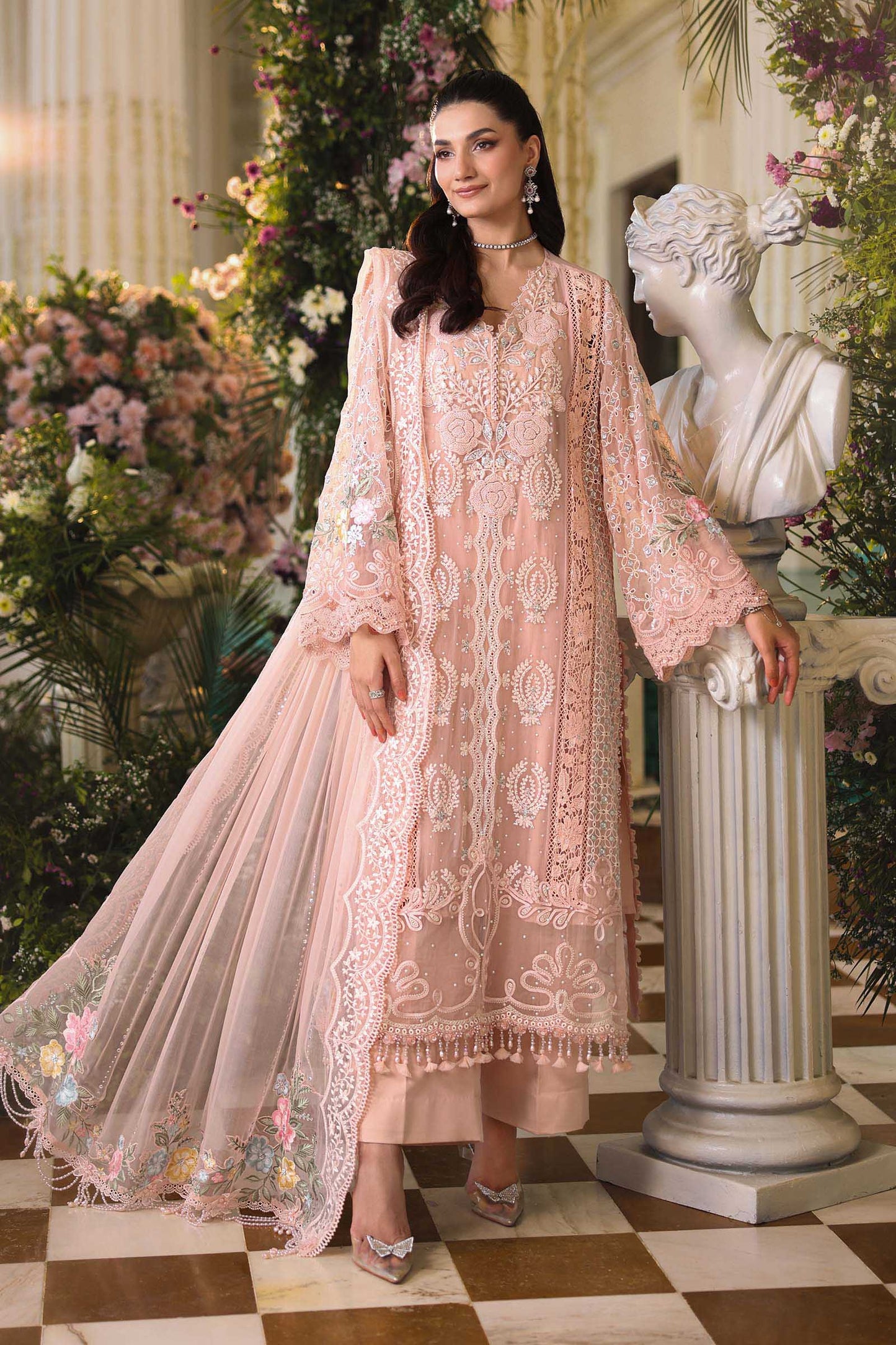 Maria B Embroidered Chiffon MPC-26-104-Peach Pink