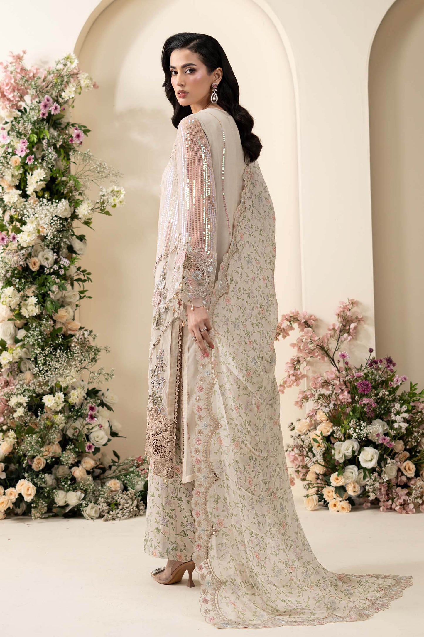 Maria B Embroidered Chiffon MPC-26-107-Ivory Beige