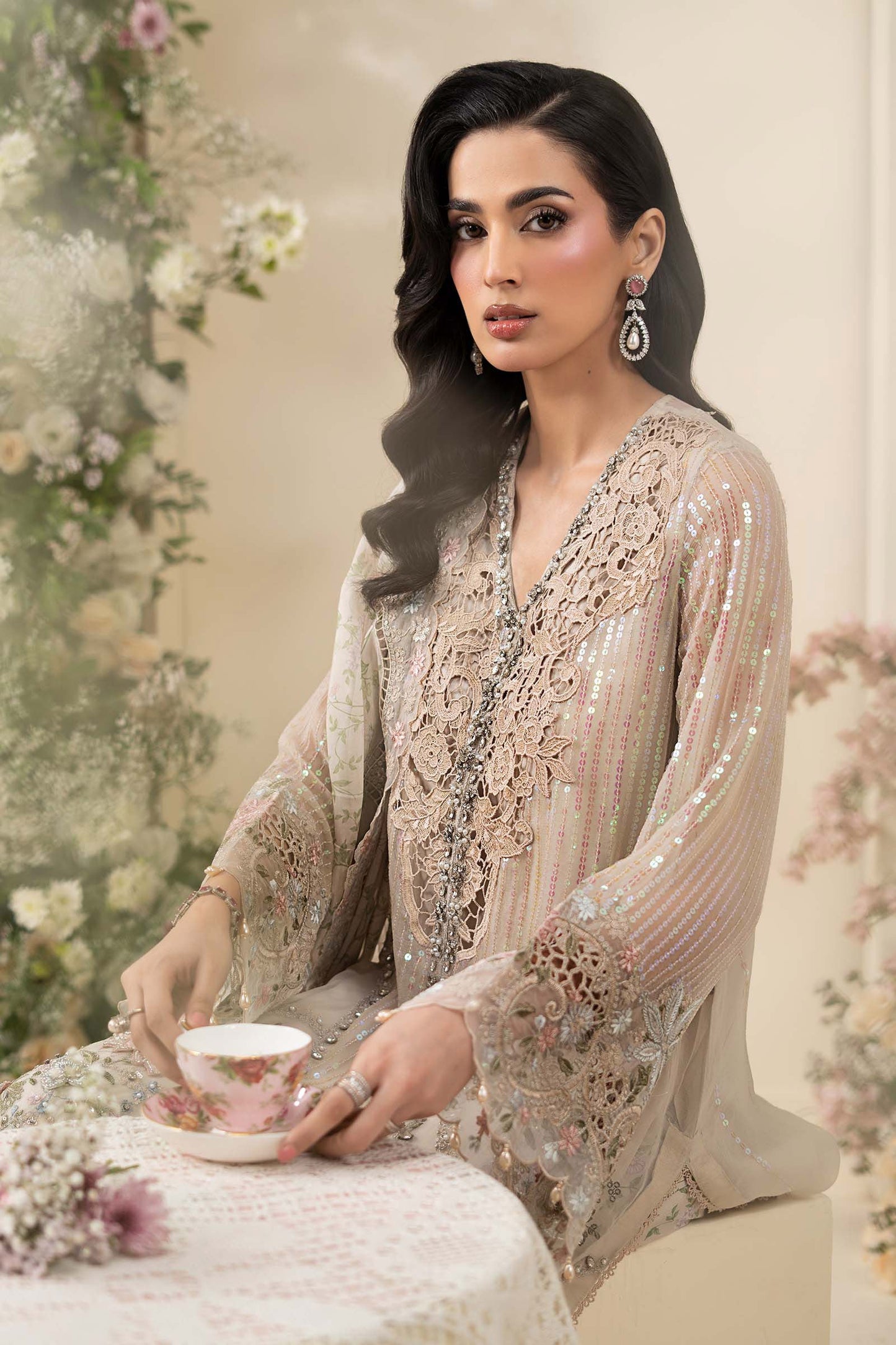 Maria B Embroidered Chiffon MPC-26-107-Ivory Beige
