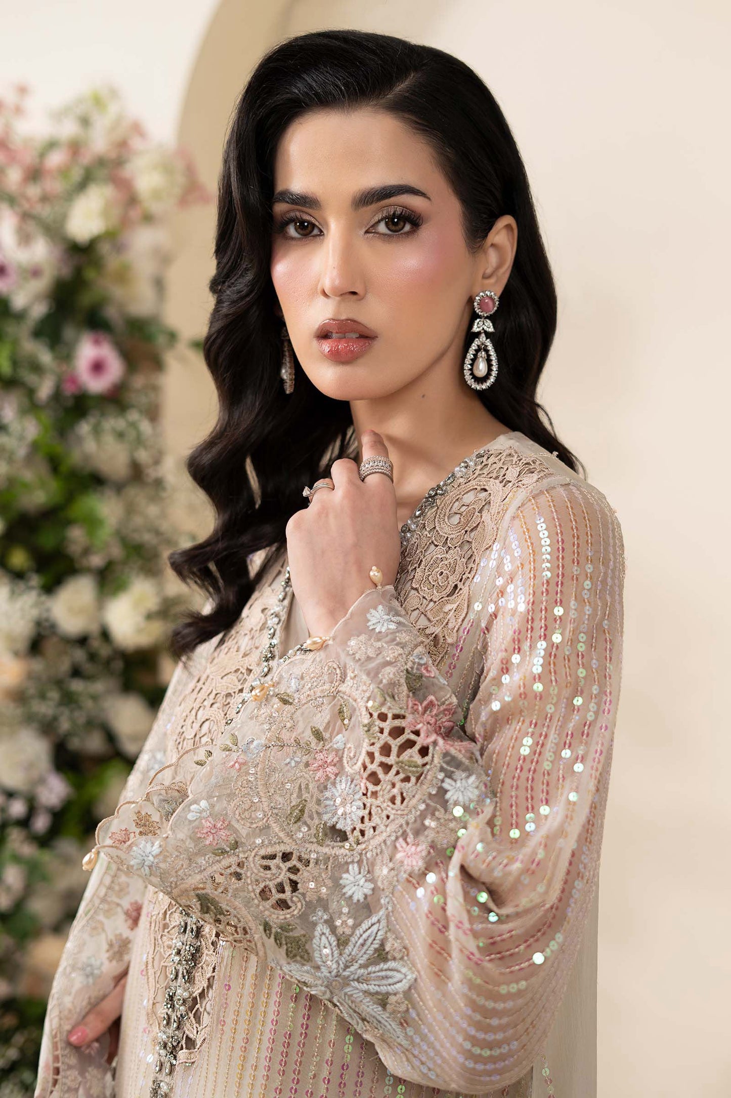 Maria B Embroidered Chiffon MPC-26-107-Ivory Beige