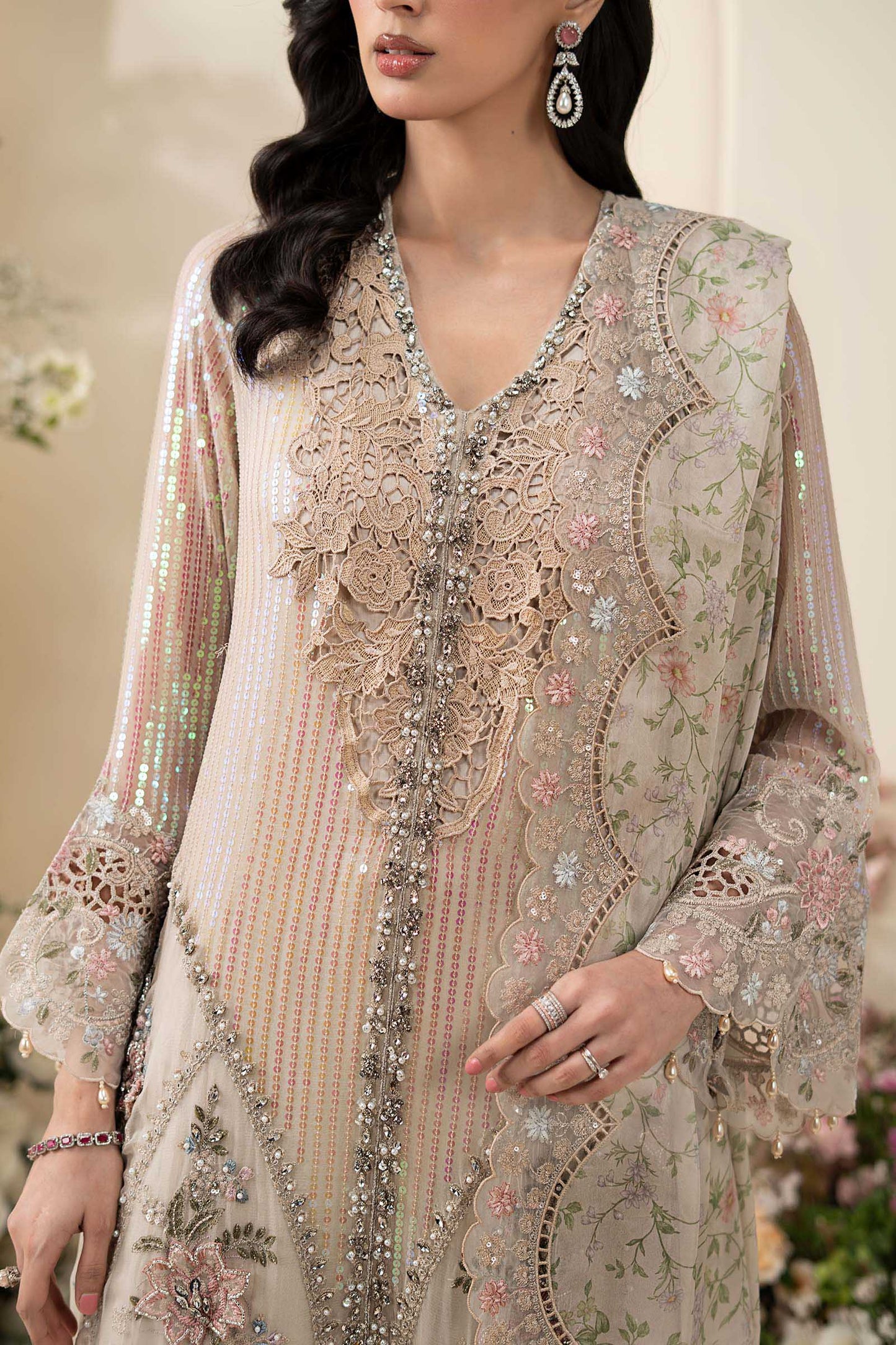 Maria B Embroidered Chiffon MPC-26-107-Ivory Beige
