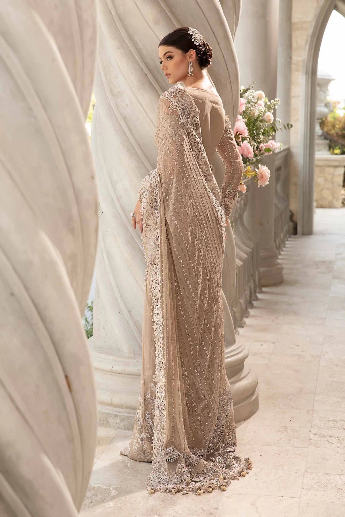 MARIA. B UNSTITCHED Embroidered Saree | BD-2801 | Skin Beige