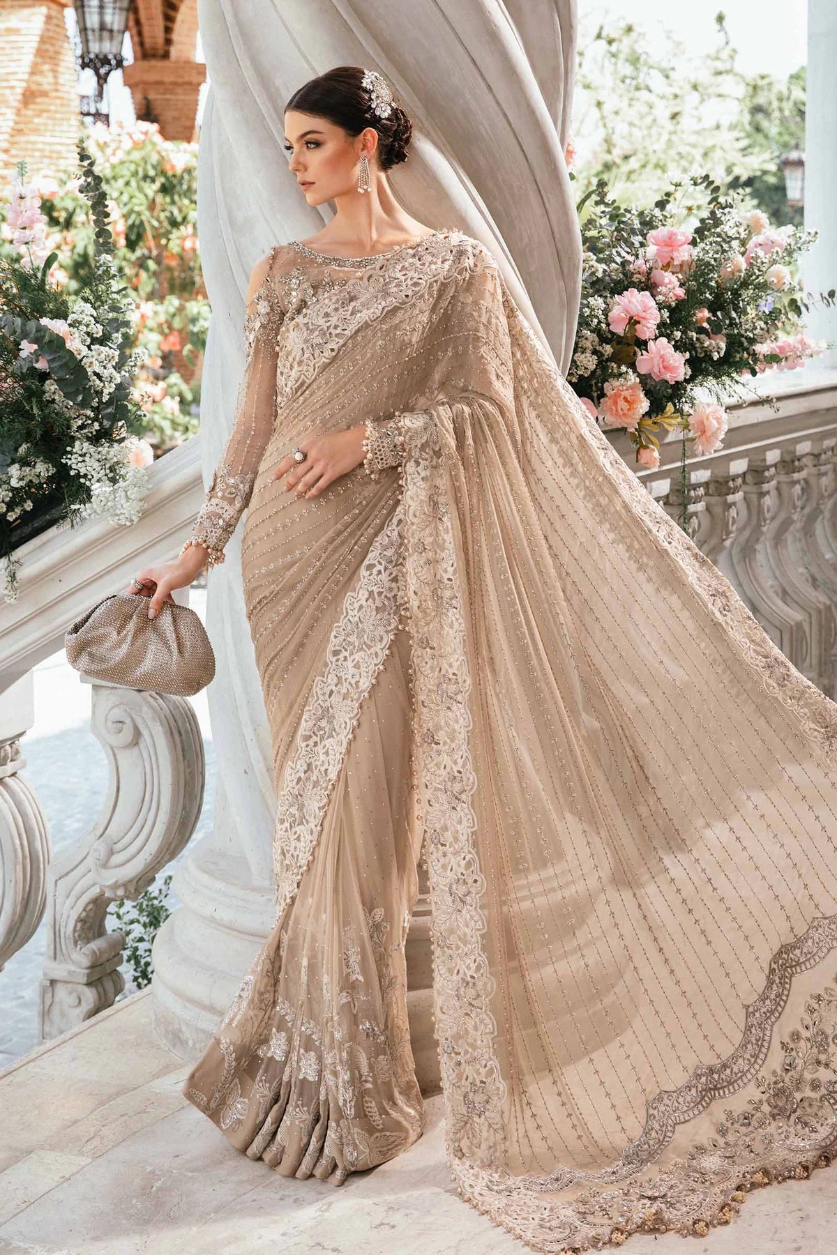 MARIA. B UNSTITCHED Embroidered Saree | BD-2801 | Skin Beige