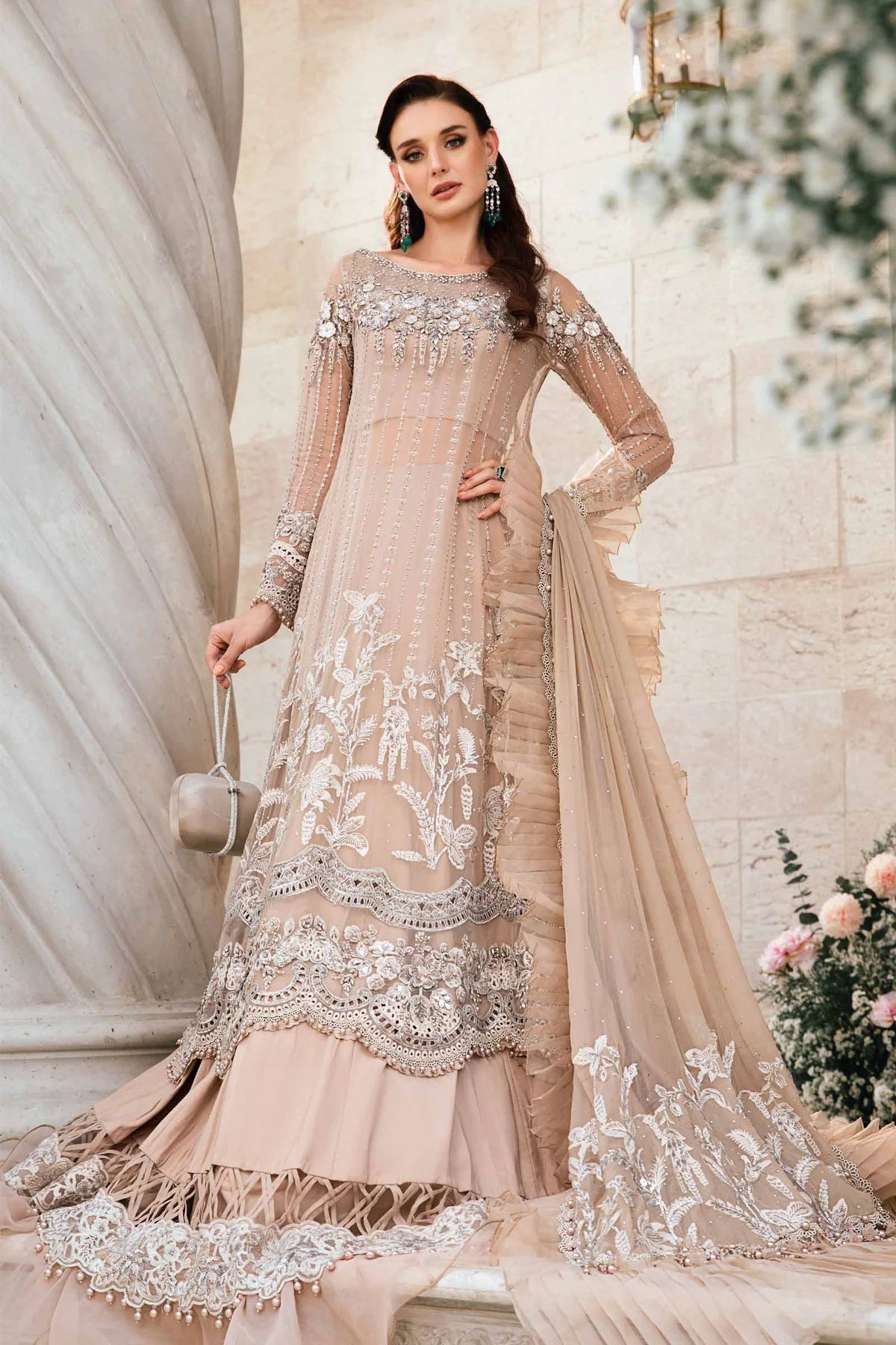 MARIA. B UNSTITCHED Embroidered Saree | BD-2801 | Skin Beige