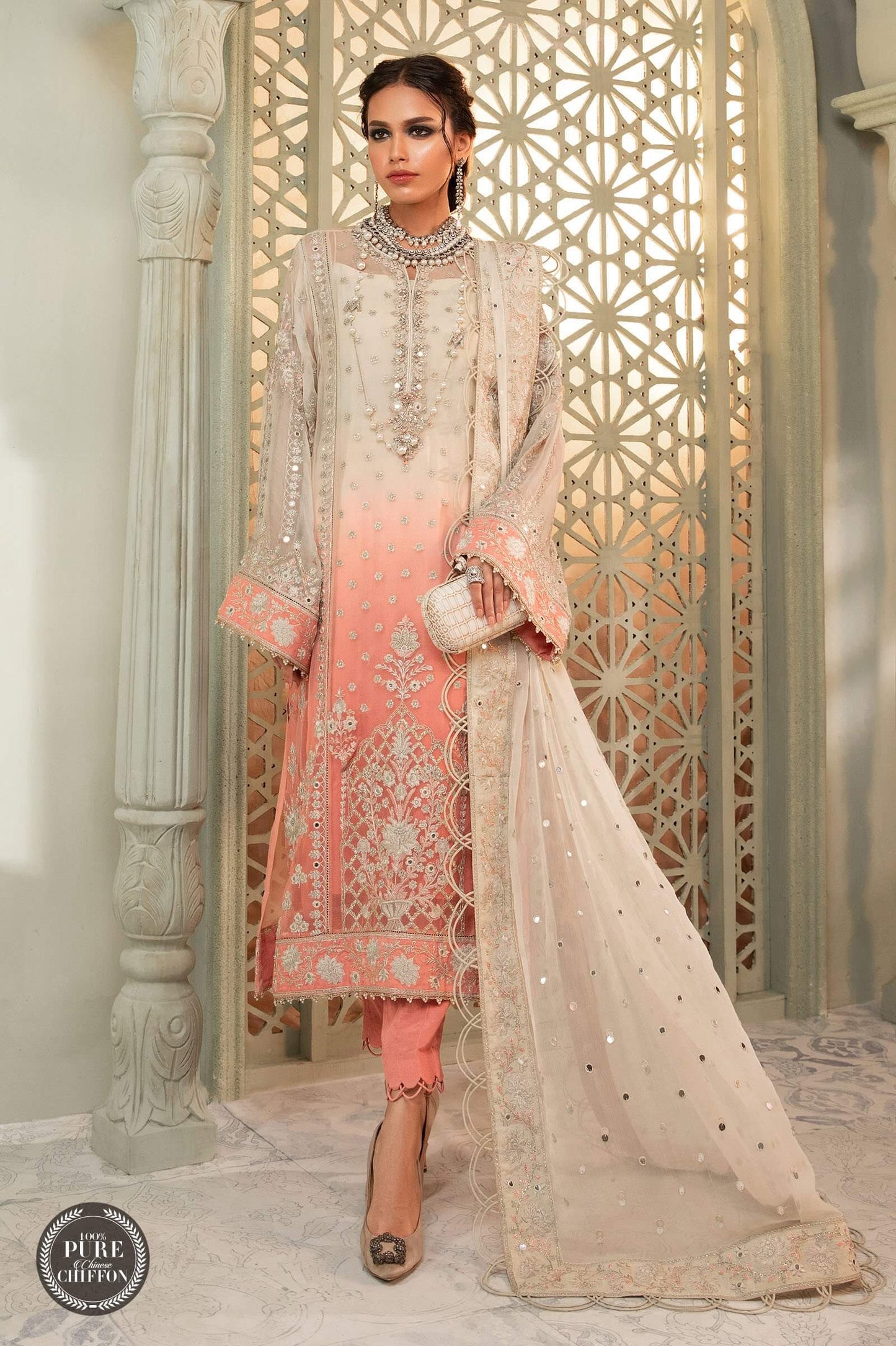 Maria B – Chiffon – MPC-22-208-Cream and Coral Pink