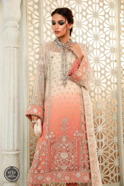 Maria B – Chiffon – MPC-22-208-Cream and Coral Pink